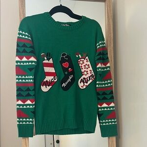 Green Holiday Sweater with Festive Stockings